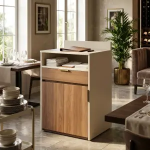 Waiter Station Restoran Kayu Walnut dan Panel Putih