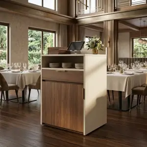 Waiter Station Restoran Kayu Walnut dan Panel Putih [2]