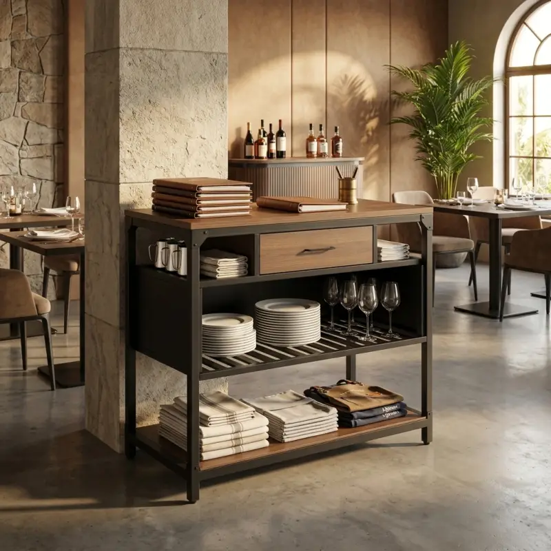 Waiter Station Industrial Kayu Besi dengan Laci dan Rak Susun [2]