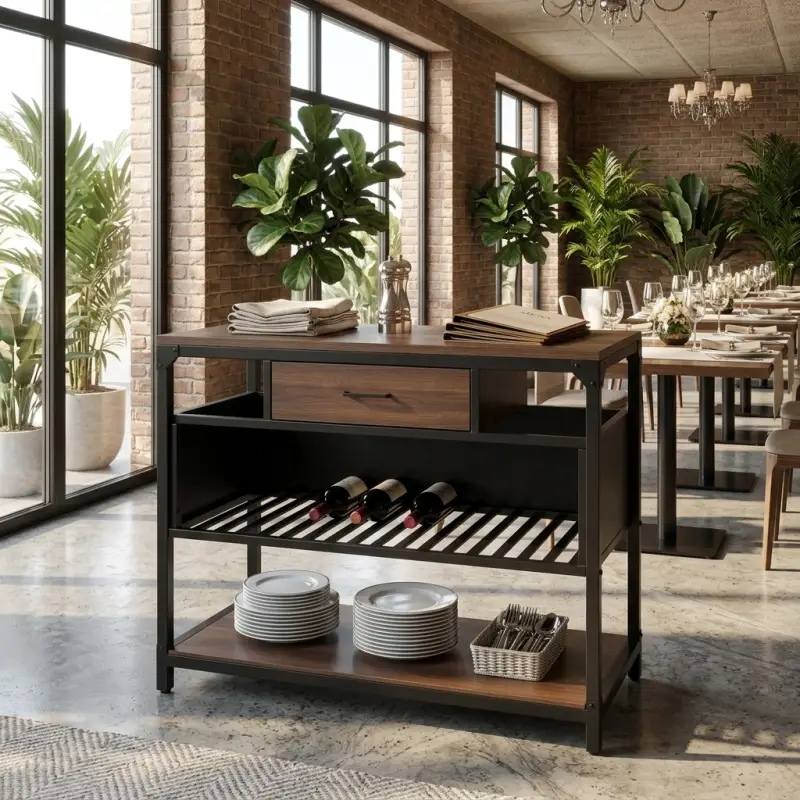 Waiter Station Industrial Kayu Besi dengan Laci dan Rak Susun [4]