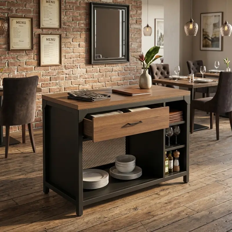 Waiter Station Industrial Rangka Besi Meja Kayu [5]