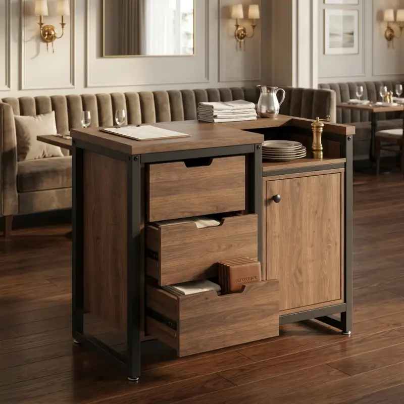 Waiter Station Kayu Industrial dengan Laci dan Lemari Penyimpanan [2]
