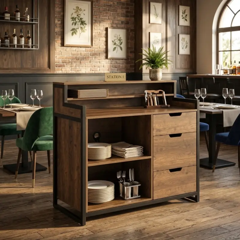 Waiter Station Kayu Industrial dengan Laci dan Rak Penyimpanan [2]