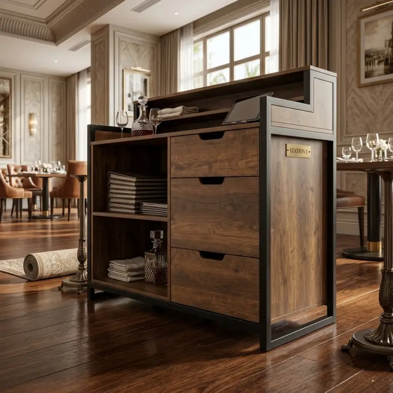 Waiter Station Kayu Industrial dengan Laci dan Rak Penyimpanan [3]