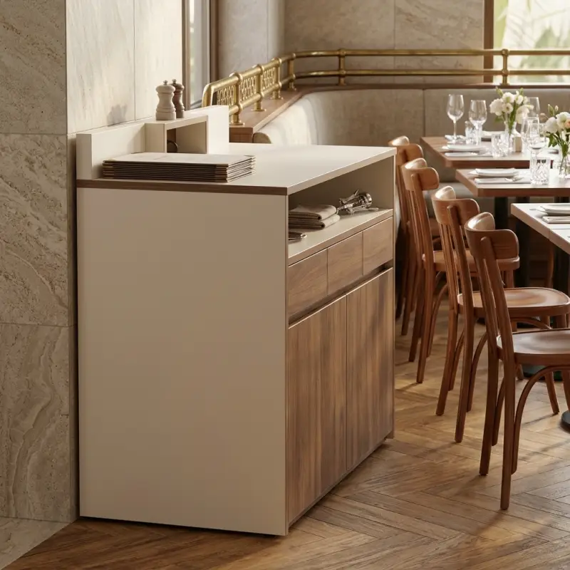 Waiter Station Kayu Walnut Kombinasi HPL untuk Restoran [4]