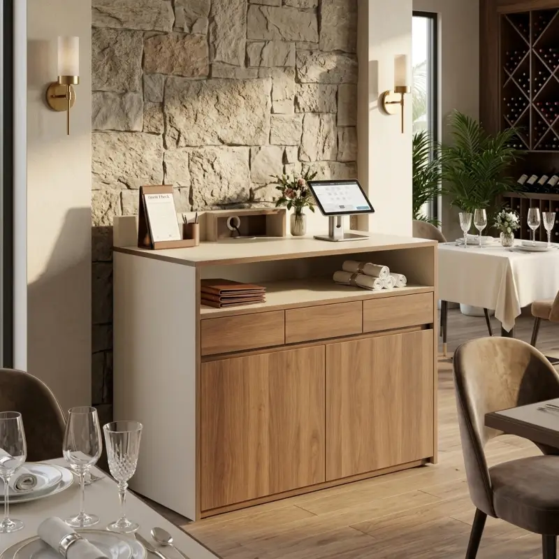Waiter Station Kayu Walnut Kombinasi HPL untuk Restoran [5]
