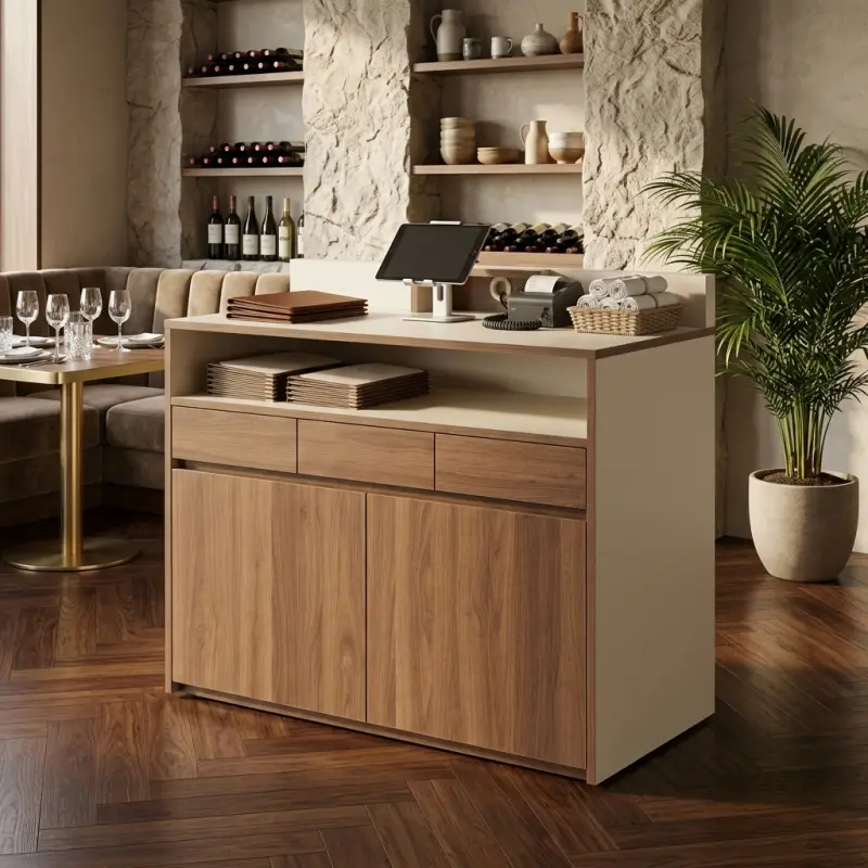 Waiter Station Kayu Walnut Kombinasi HPL untuk Restoran [6]