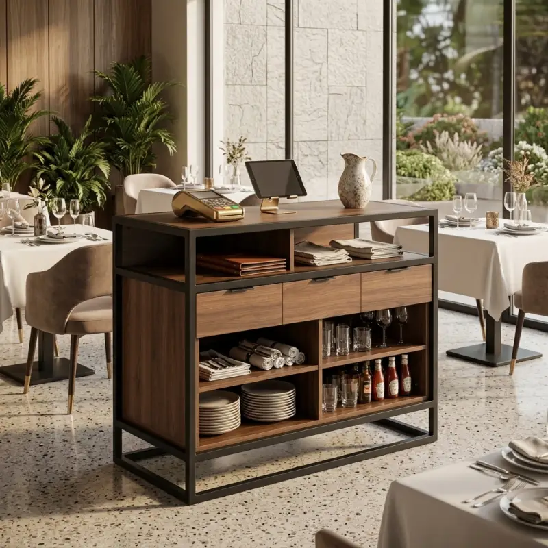 Waiter Station Rangka Besi Panel Kayu untuk Restoran dan Cafe [2]