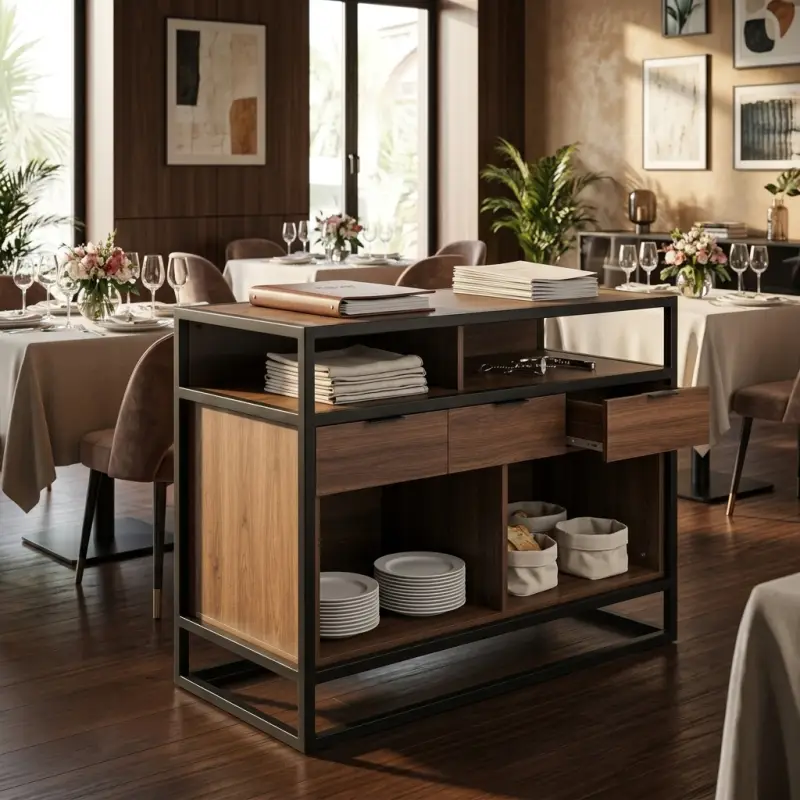 Waiter Station Rangka Besi Panel Kayu untuk Restoran dan Cafe [5]