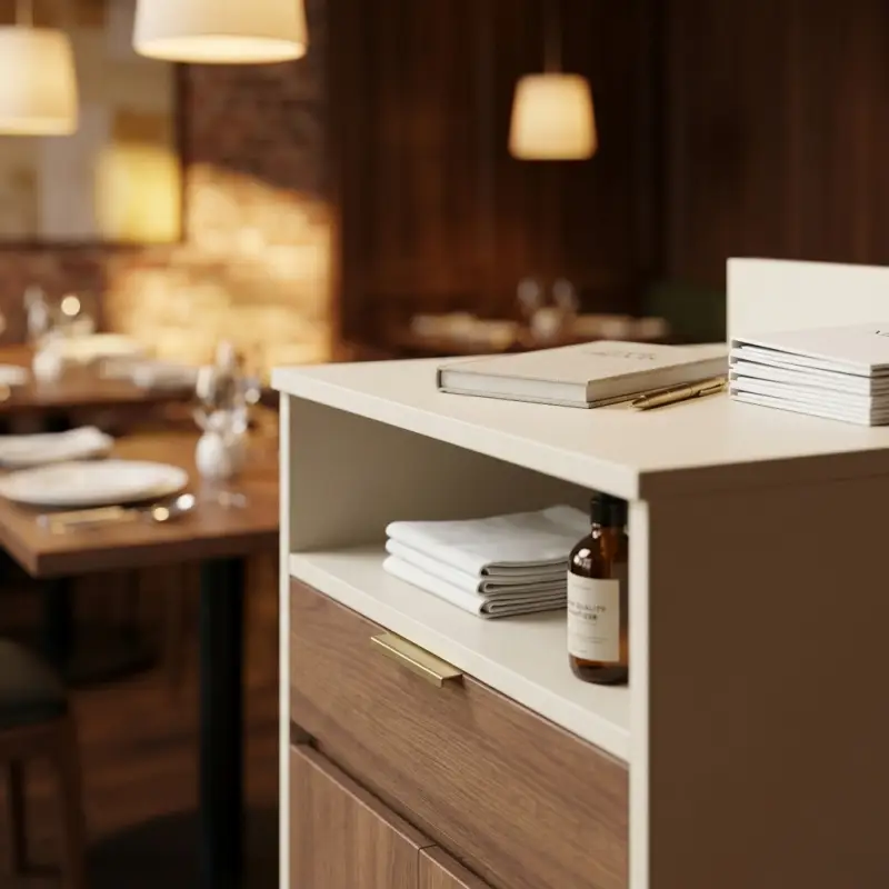 Waiter Station Restoran Kayu Walnut dan Panel Putih [3]