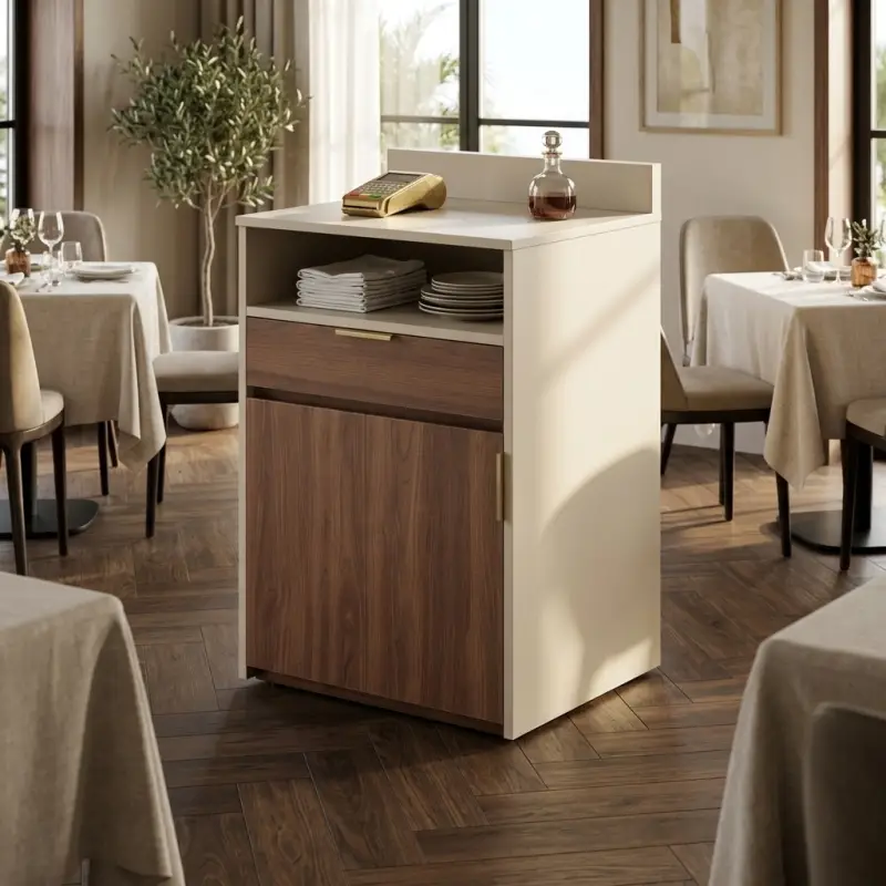 Waiter Station Restoran Kayu Walnut dan Panel Putih [4]